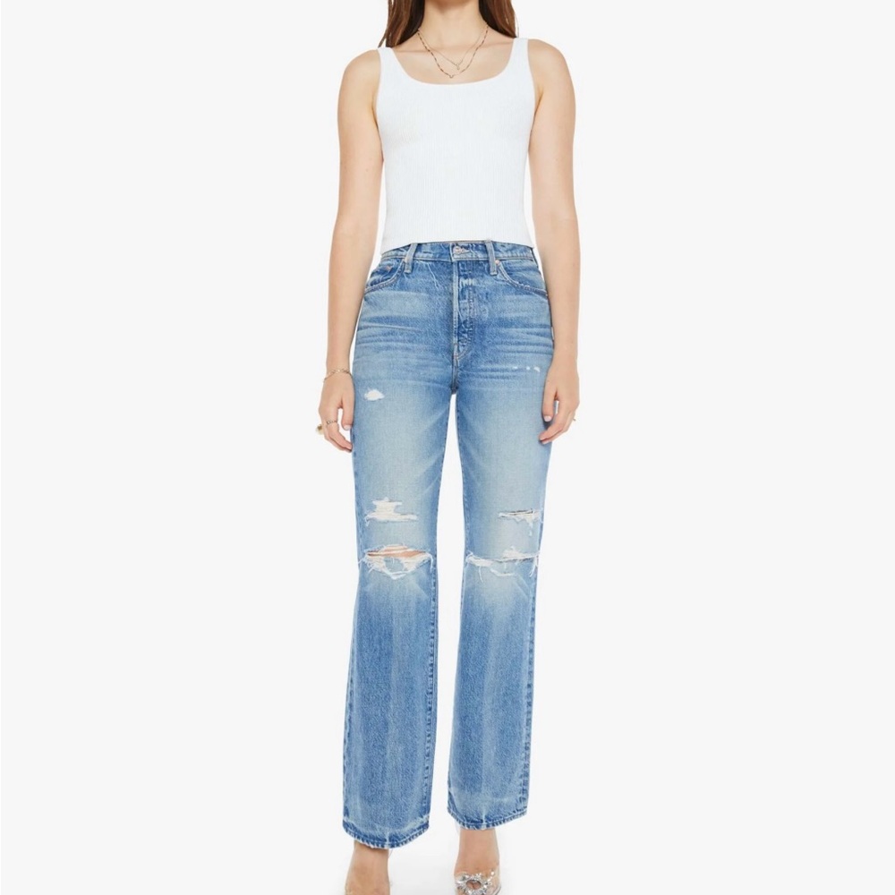 MOTHER Light Blue High-Rise Distressed Straight Jeans